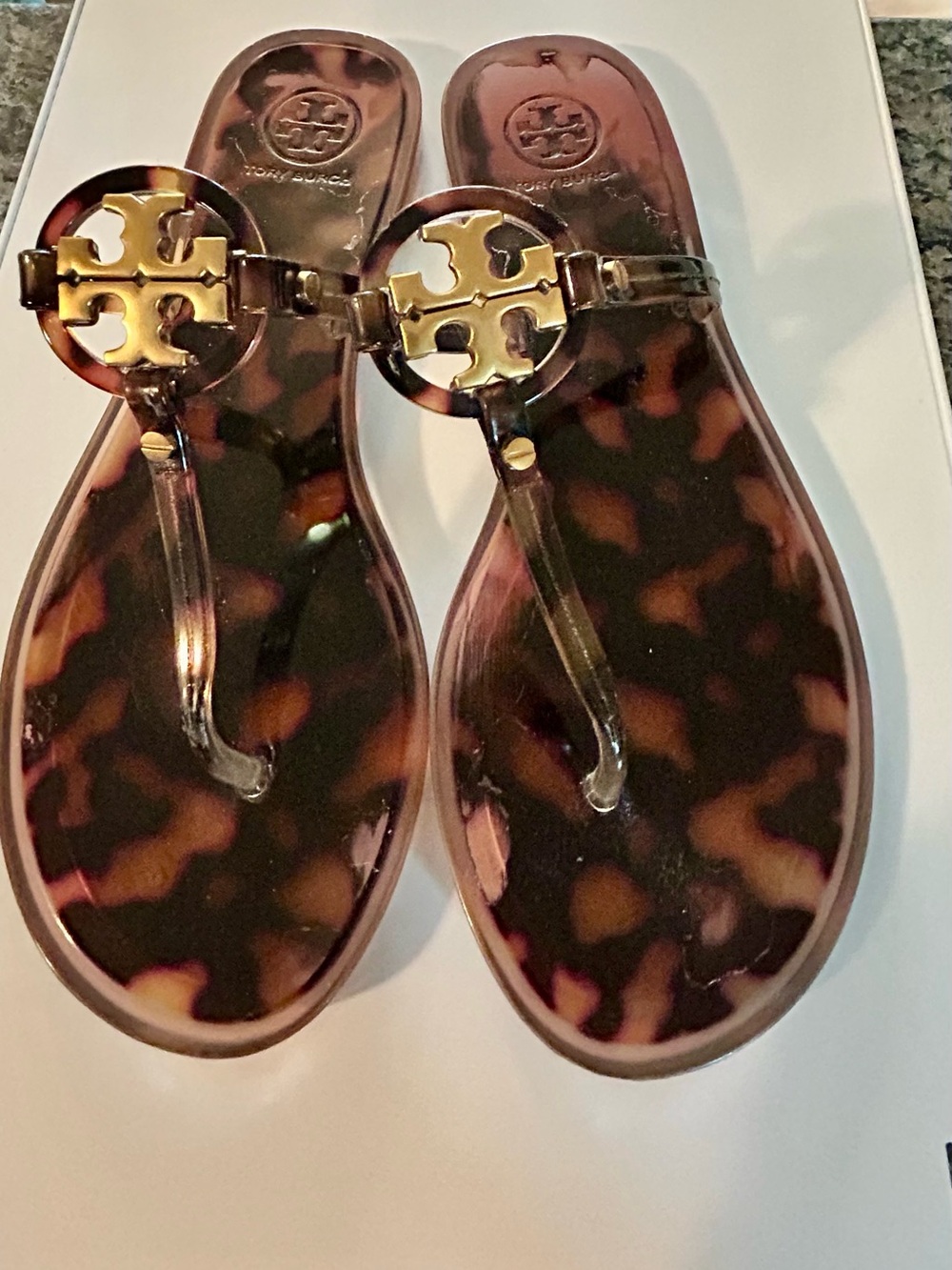 Tory Burch Tortoiseshell Jelly Thong Sandals with Gold Logo